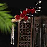 Red Floral Hair Clip Tassel Pearl Crystal Hairpin