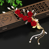Red Floral Hair Clip Tassel Pearl Crystal Hairpin