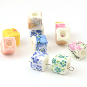 Floral Pattern Ceramic Beads 10mm Square Charm Porcelain