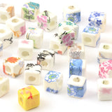 Floral Pattern Ceramic Beads 10mm Square Charm Porcelain