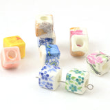 Floral Pattern Ceramic Beads 10mm Square Charm Porcelain