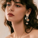 Floral Pearls Drop Earrings Double Hoop Stud Ear Rings