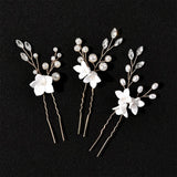 Porcelain Flower Crystal Pearls Bridal Hair Pins Set