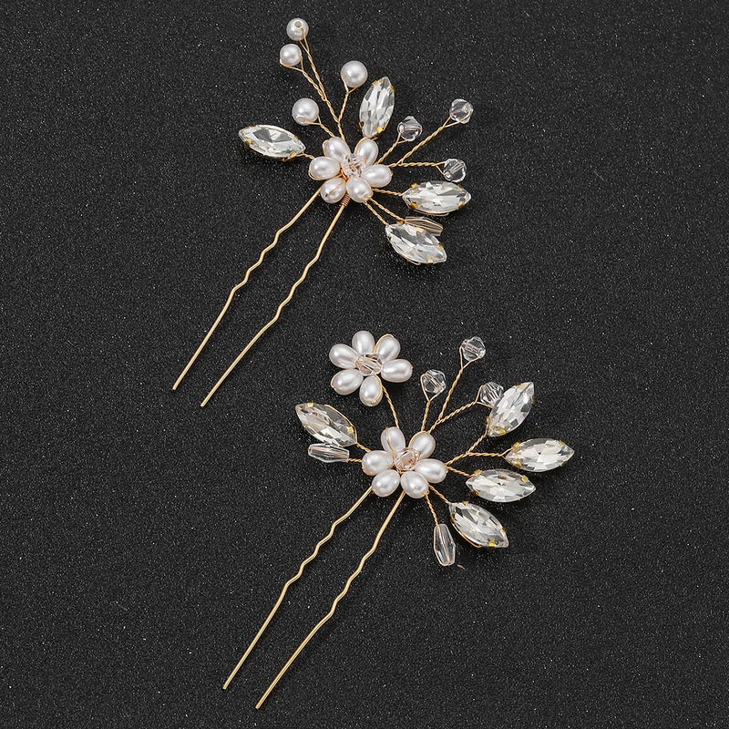 Porcelain Flower Crystal Pearls Bridal Hair Pins Set