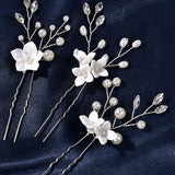 Porcelain Flower Crystal Pearls Bridal Hair Pins Set