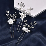 Porcelain Flower Crystal Pearls Bridal Hair Pins Set
