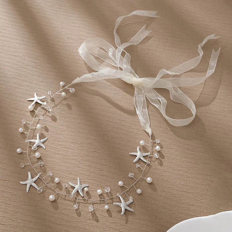 Crystal Pearls Starfish Bridal Headband Hair Vine Wedding Headpieces