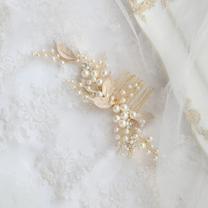 Vintage Alloy Leaf Crystal Rhinestone Pearls Bridal Hair Comb Wedding Headdress