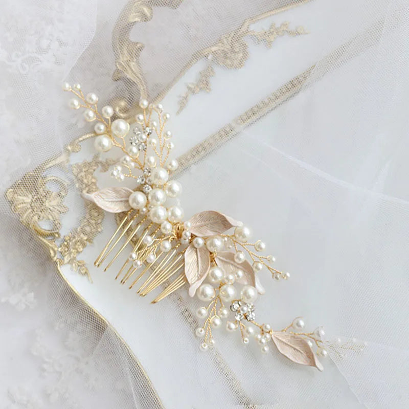 Vintage Alloy Leaf Crystal Rhinestone Pearls Bridal Hair Comb Wedding Headdress