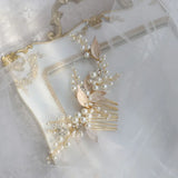 Vintage Alloy Leaf Crystal Rhinestone Pearls Bridal Hair Comb Wedding Headdress