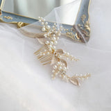 Vintage Alloy Leaf Crystal Rhinestone Pearls Bridal Hair Comb Wedding Headdress