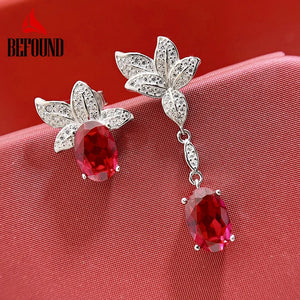 925 Silver Ruby Dangle Earrings Red High Carbon Diamond Fine Jewelry