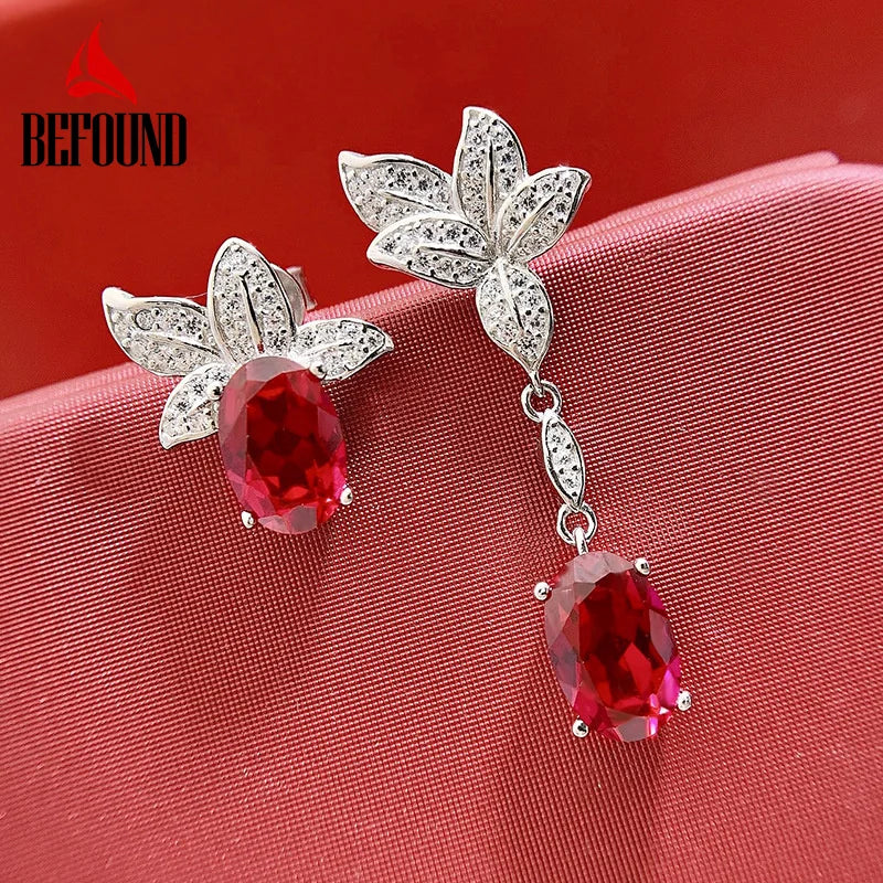 925 Silver Ruby Dangle Earrings Red High Carbon Diamond Fine Jewelry