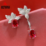 925 Silver Ruby Dangle Earrings Red High Carbon Diamond Fine Jewelry