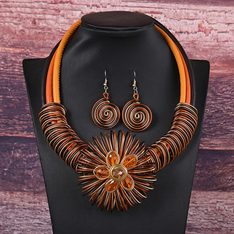 Flower African Women Necklace Earrings Jewelry Sets