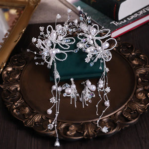 Flower Beaded Tassel Hair Clips Earrings Set for Weddings