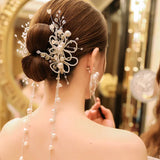 Flower Beaded Tassel Hair Clips Earrings Set for Weddings