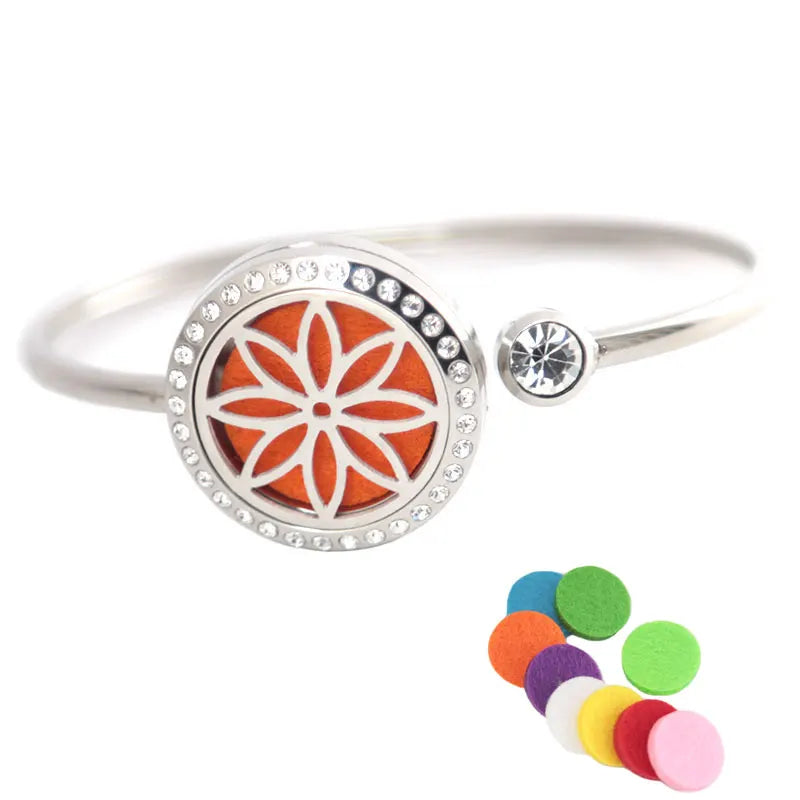 Flower Bracelet Locket Bangle Aromatherapy 25mm Magnet Crystal Stainless steel