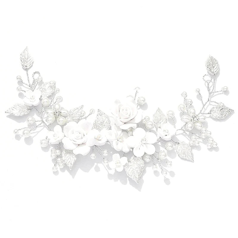 Bridal Flower Hair Vine Silver Pearl Headband