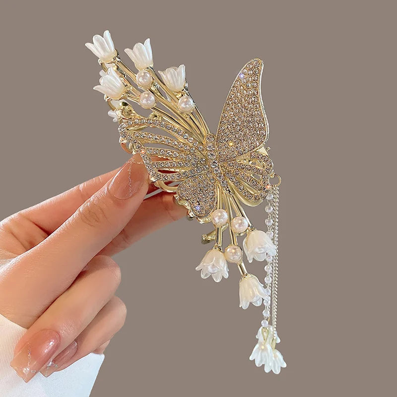 Butterfly Flower Tassel Hair Clips Rhinestones Pearl Vintage Headdress