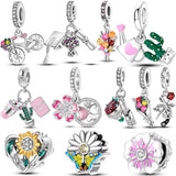 925 Sterling Silver Heart Flower Charm Bead Bracelet DIY Jewelry Gift
