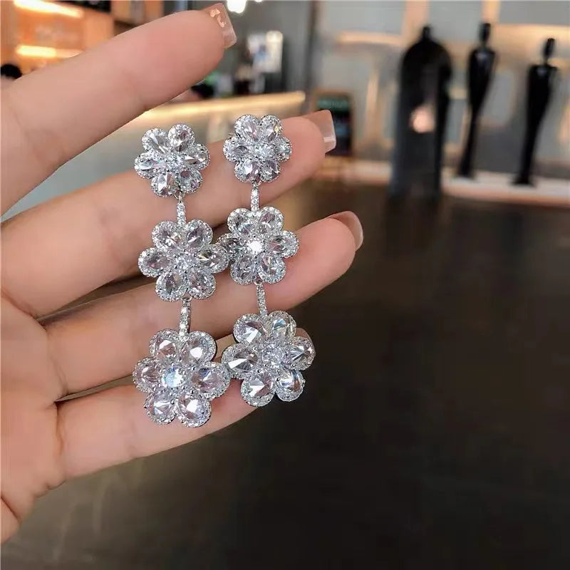 Flower Diamond Earrings 925 Sterling Silver Wedding Drop Dangle Earrings