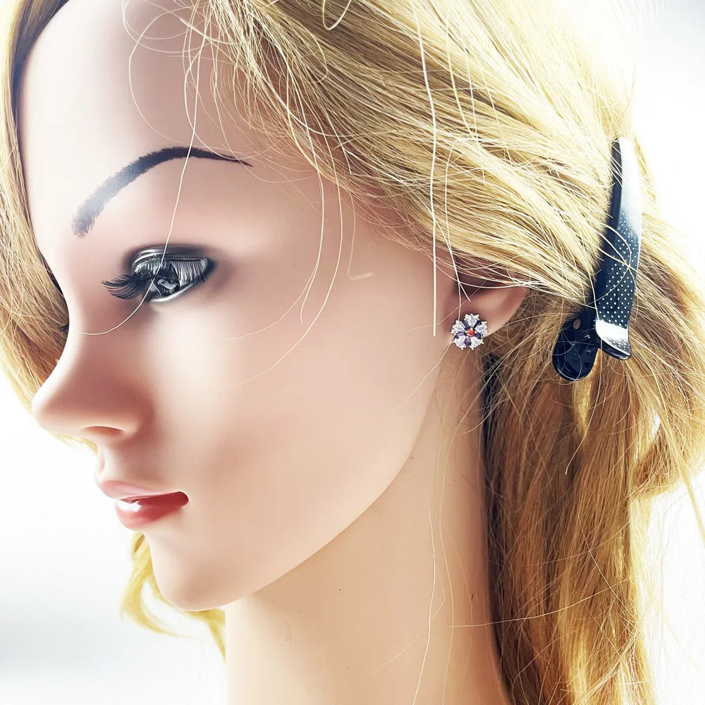 Colorful Zircon Flower Ear Studs 925 Silver Women Jewelry