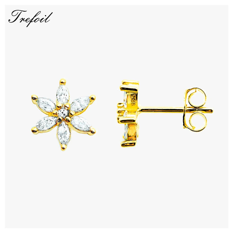 Flower Ear Studs in 925 Sterling Silver with Zircon Stones