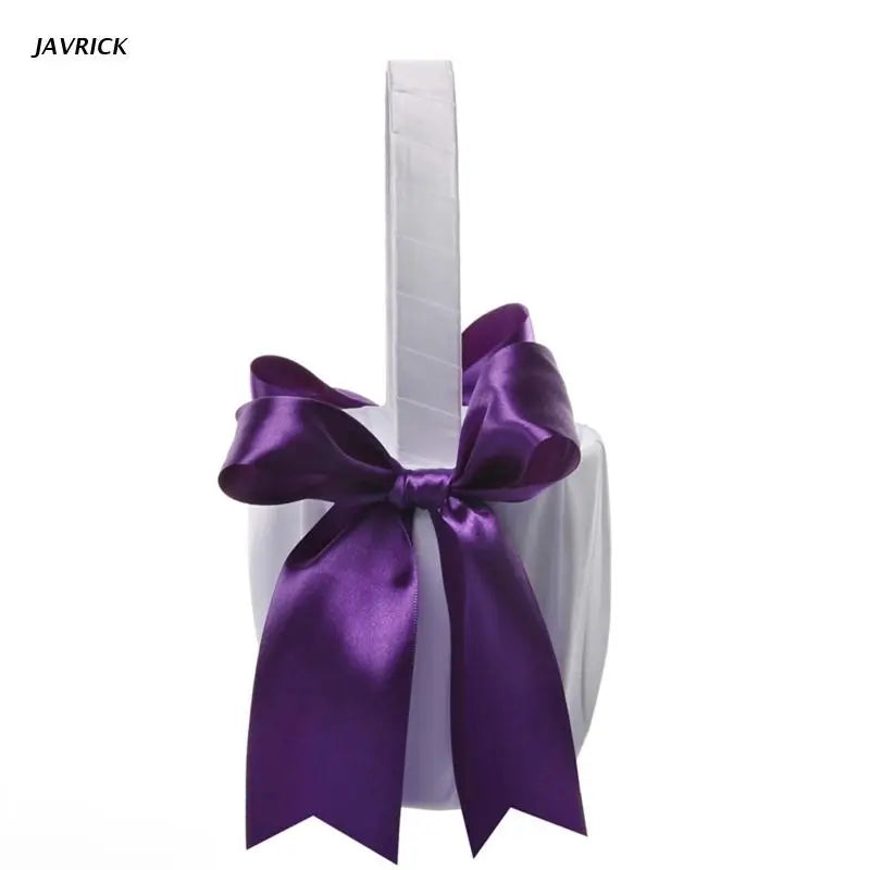 Satin Flower Girl Basket with Ribbon Bows for Wedding Ceremony
