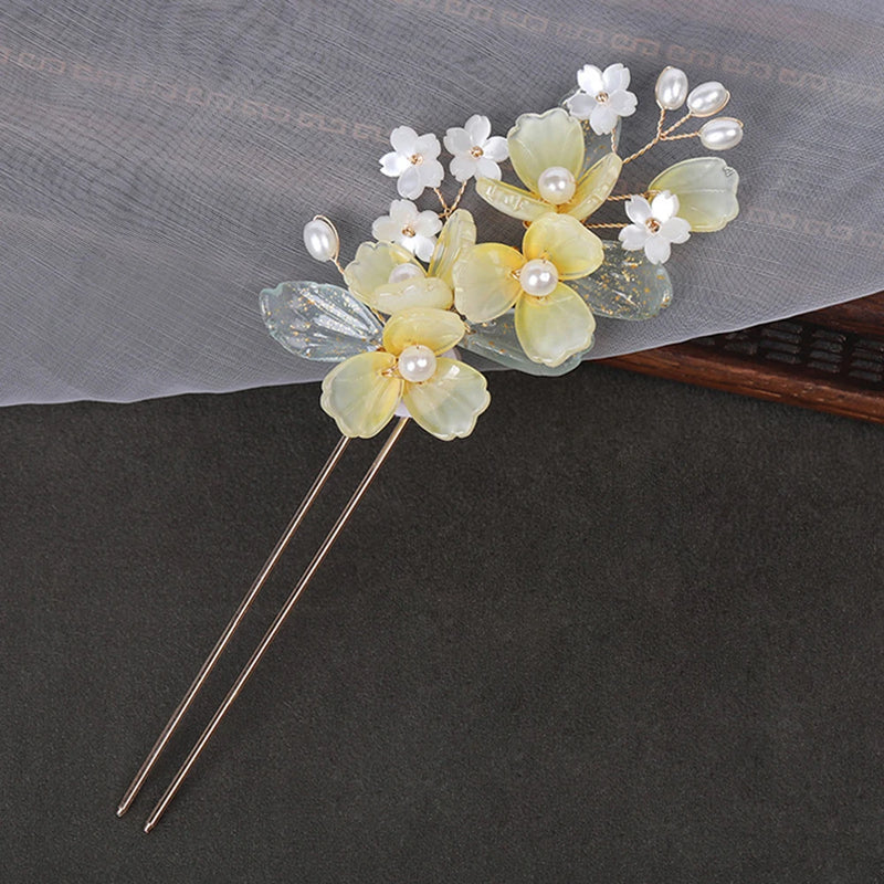 Flower Hair Sticks Hanfu Hair Accessories Light Yellow Floral Hairpins Retro Gir
