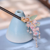 Peach Flower Hair Fork Pearls Tassel Hairpins Wedding Bridal Hair Accessories