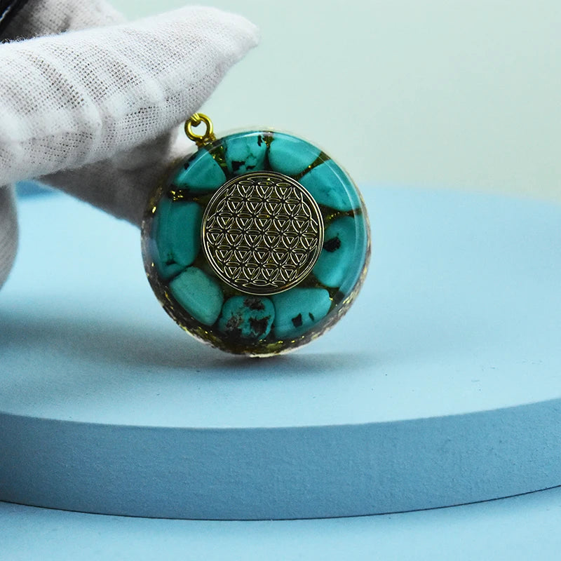Flower Of Life Turquoise Orgone Pyramid Necklace