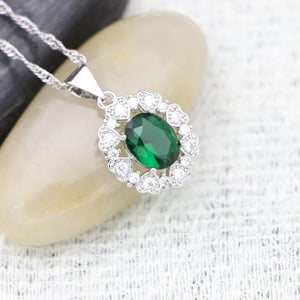 Flower Shape Silver Pendant Necklace Green CZ Party Accessory