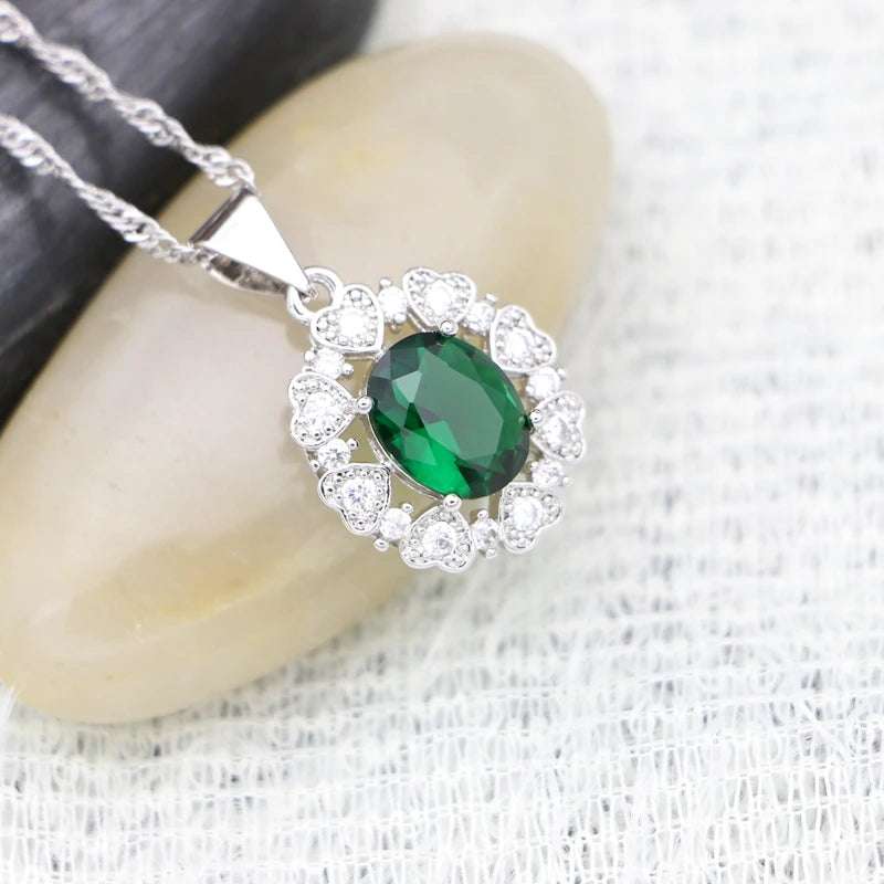Flower Shape Silver Pendant Necklace Green CZ Party Accessory