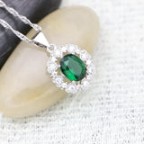 Flower Shape Silver Pendant Necklace Green CZ Party Accessory
