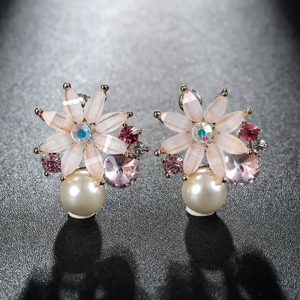 Vintage Flower Stud Earrings with Simulated Pearl Crystal