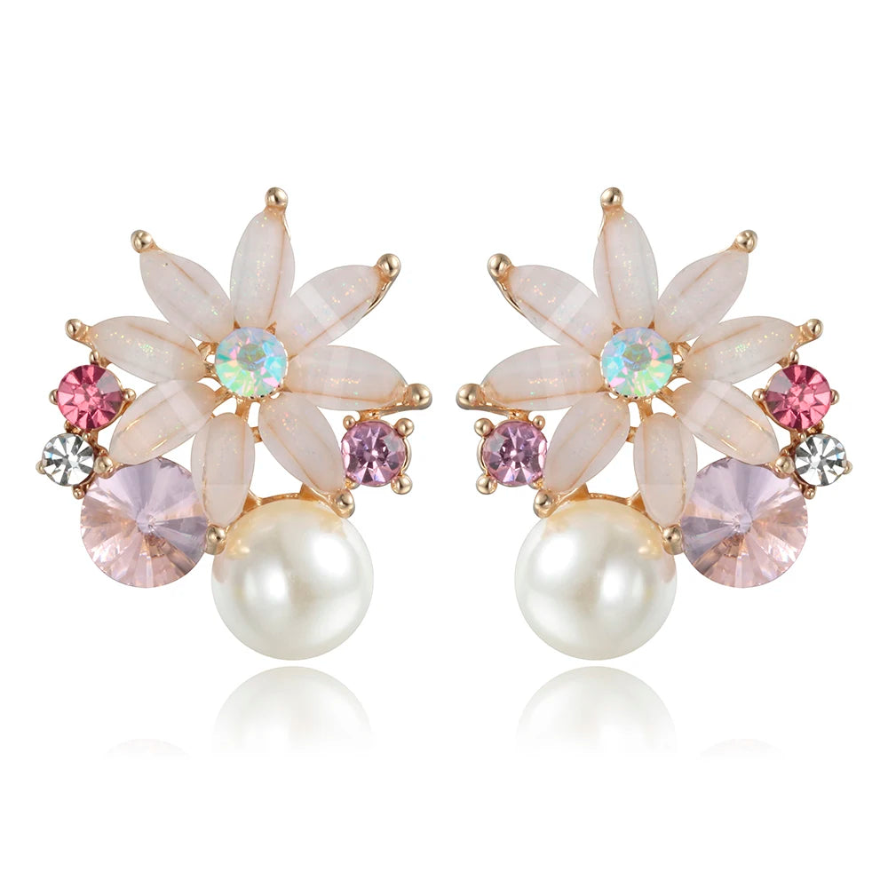 Vintage Flower Stud Earrings with Simulated Pearl Crystal