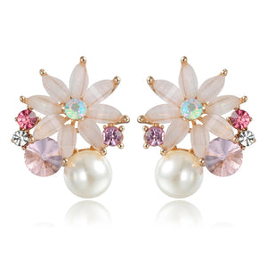 Vintage Flower Stud Earrings with Simulated Pearl Crystal