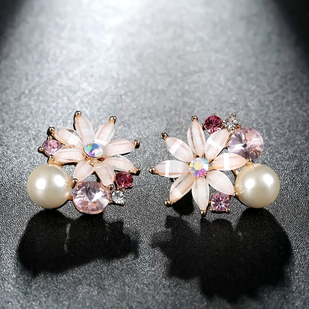 Vintage Flower Stud Earrings with Simulated Pearl Crystal