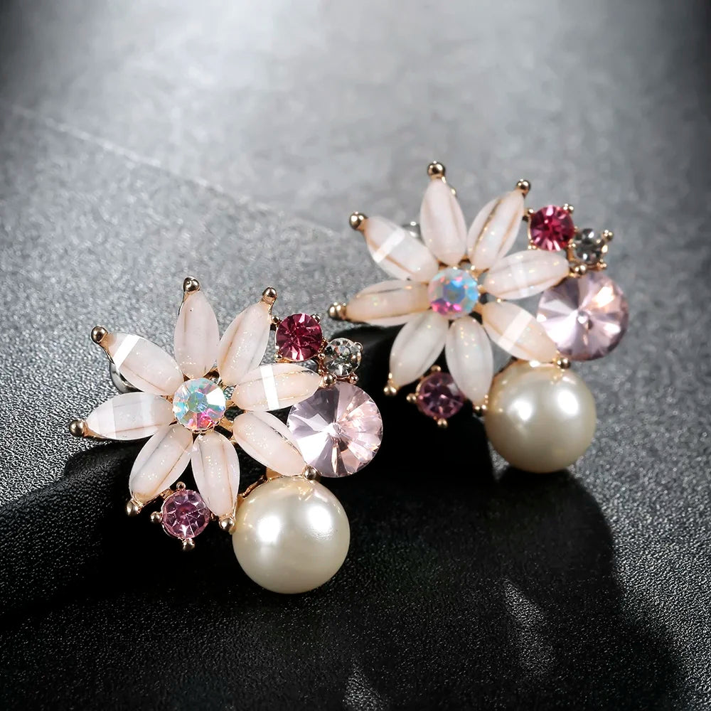 Vintage Flower Stud Earrings with Simulated Pearl Crystal