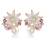 Vintage Flower Stud Earrings with Simulated Pearl Crystal
