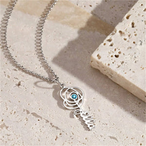 Personalized Flower Vertical Pendant Necklace with Birthstone