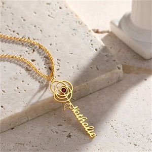Personalized Flower Vertical Pendant Necklace with Birthstone