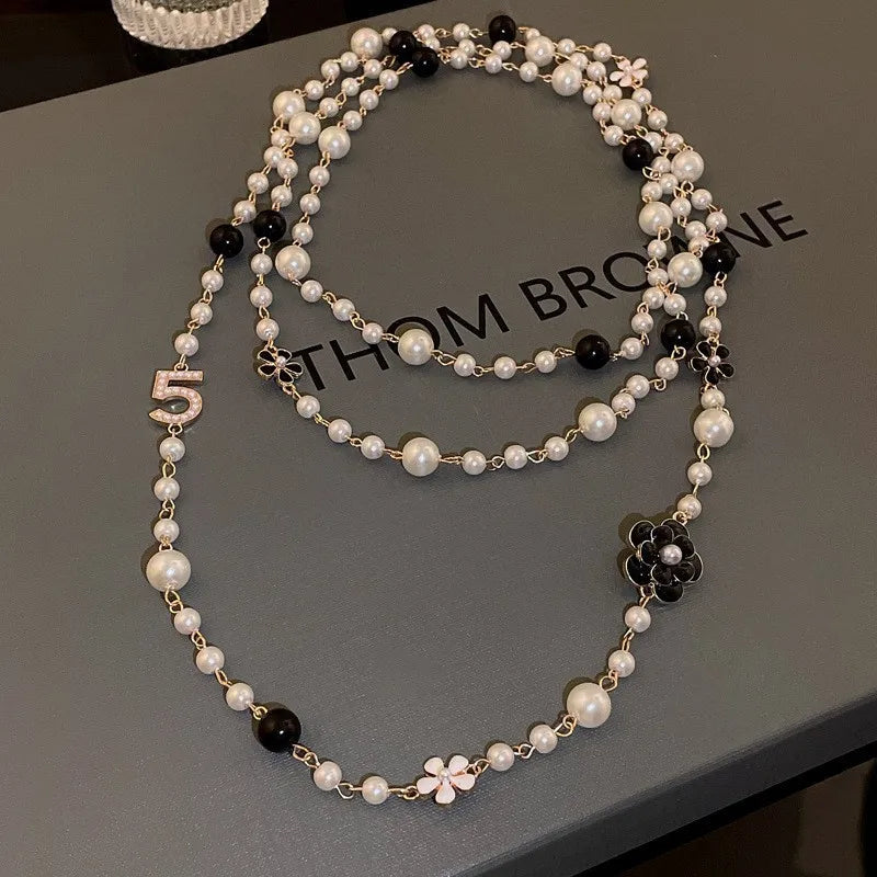 Flower Pearl Long Sweater Chain Necklace for Women