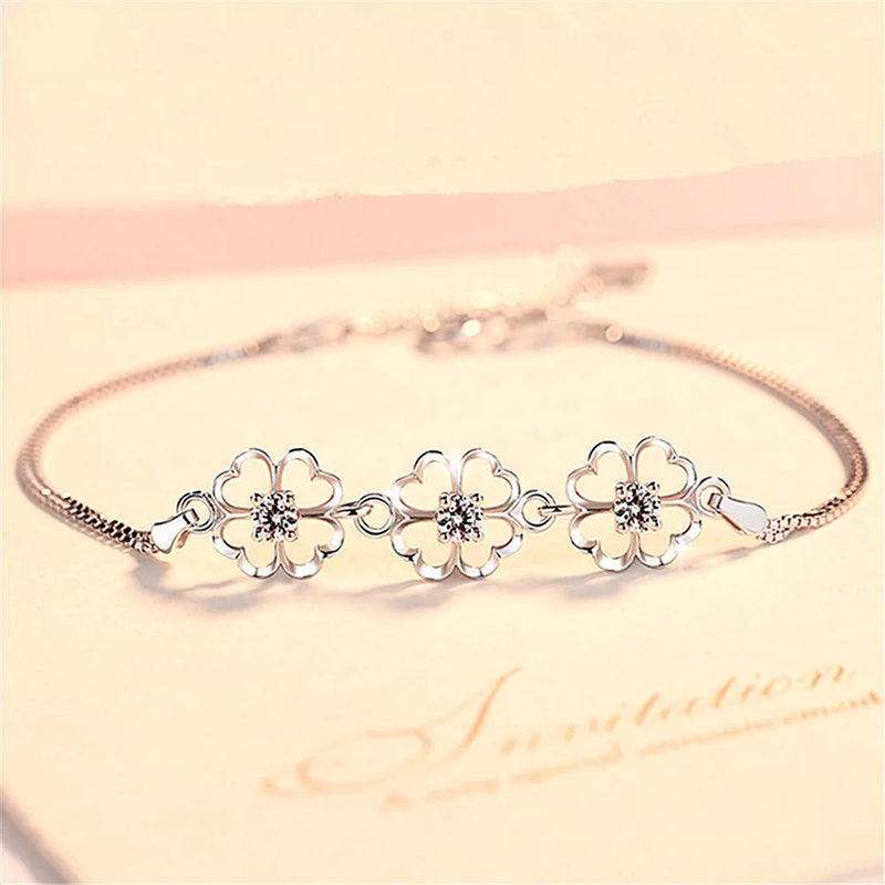 Flower Clover Chain Bracelet 18k Silver Jewelry Accessory