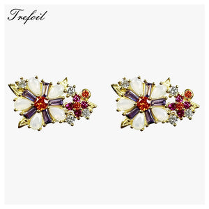 Golden Flower Stud Earrings in 925 Sterling Silver with Colorful Stones