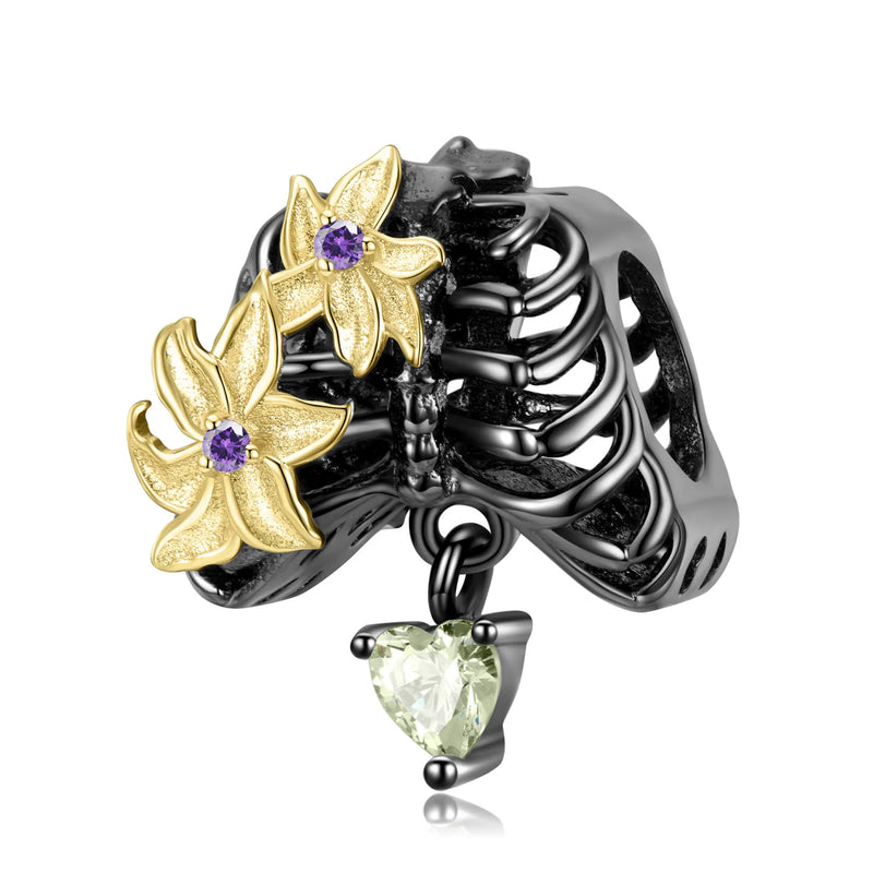 Dark Gothic 925 Silver Beaded Bracelet - Flowers & Skeletons