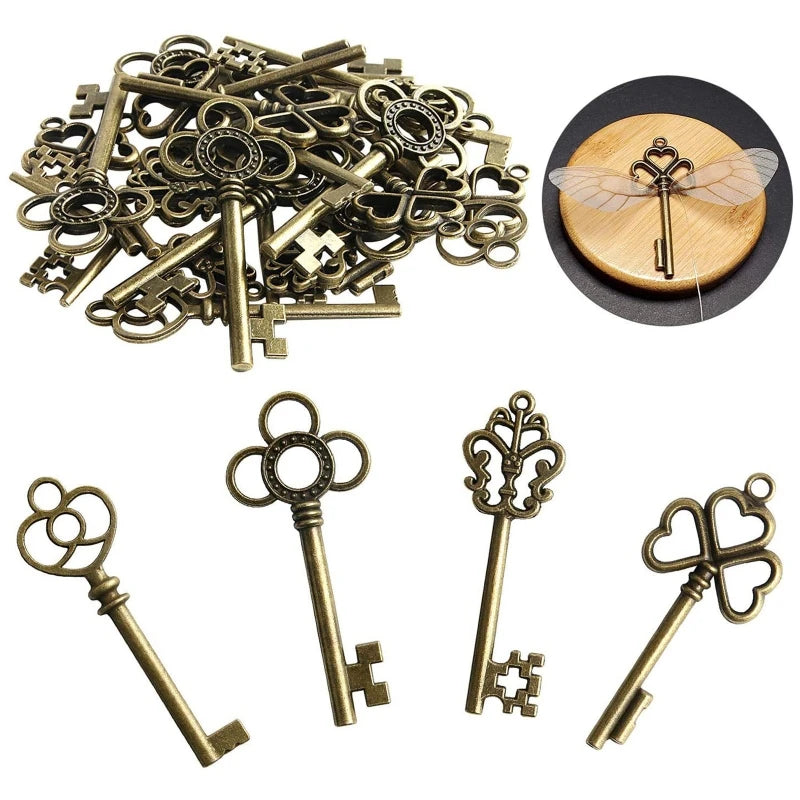 Vintage Bronze Flying Keys with Dragonfly Wing Charms