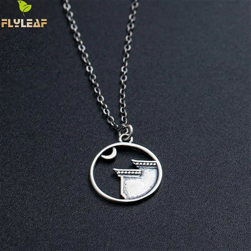 925 Silver Chinese Style House Moon Pendant Necklace Women