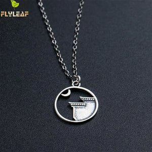 925 Silver Chinese Style House Moon Pendant Necklace Women